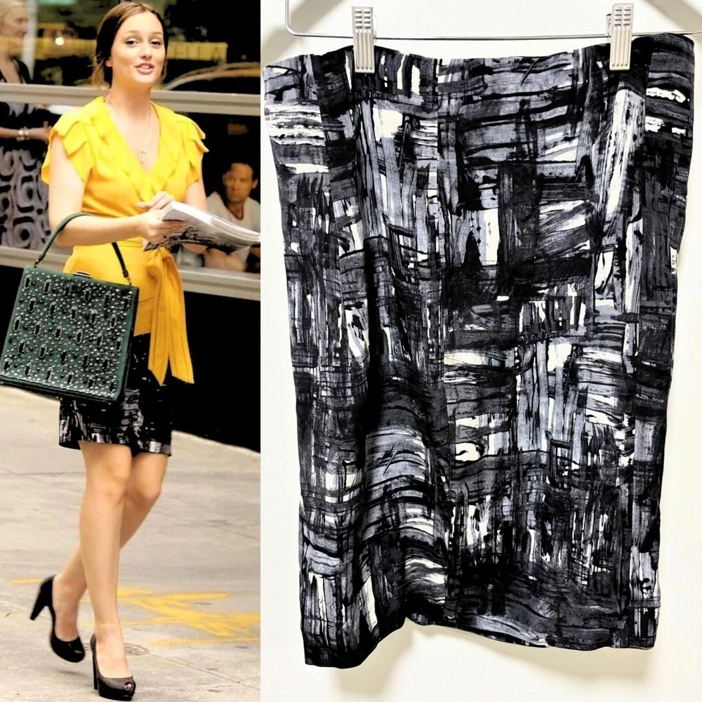 ASO Blair Waldorf in Gossip Girl Vince Abstract Brushstroke Pencil Skirt